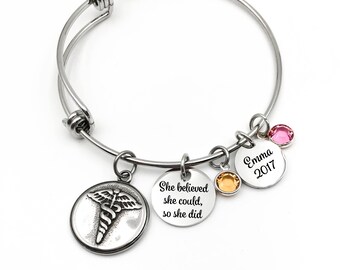 Graduation Bracelet, Medical School Jewelry Gift, RN LPN Paramedic Vet Student Grad 2017, Nurse, She believed she could so she did