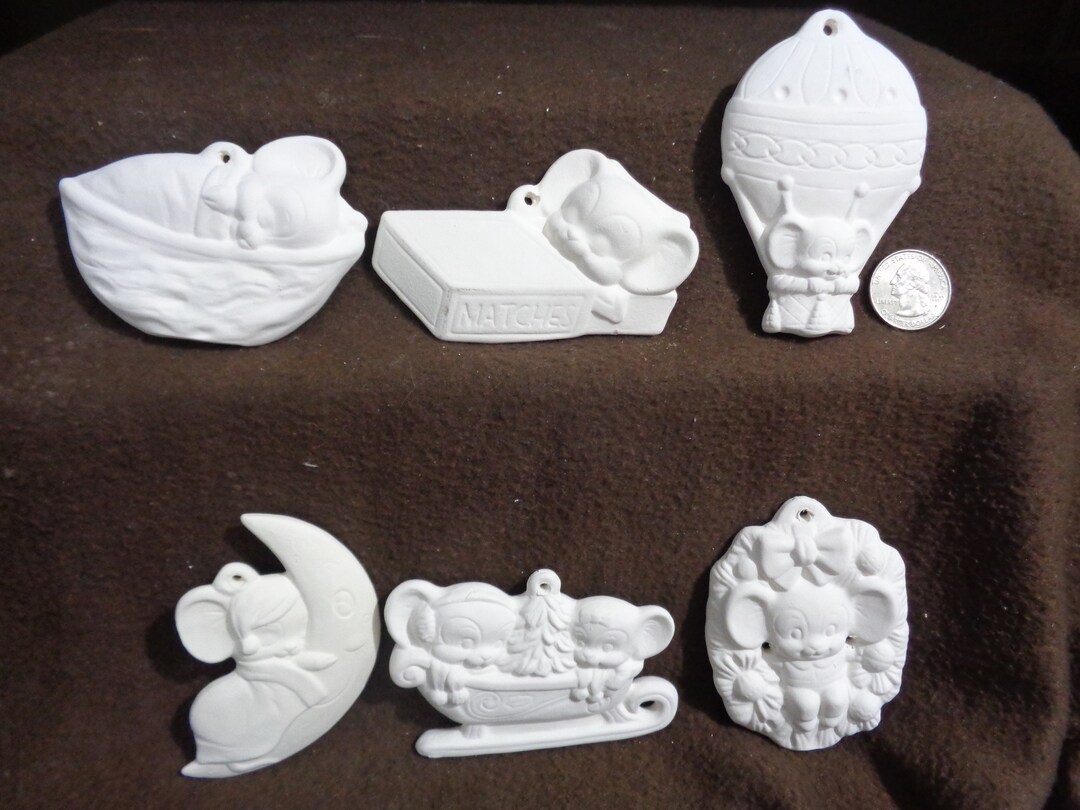 6 Ceramic Bisque Ornaments Alberta Mice Walnut, Match Box, Balloon