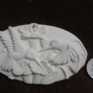 Ceramic Bisque Christmas Ornament- 4&quot; x 2.5&quot; Oval Scene: Hummingbirds with Flowers - Flat Back- U Paint - F200