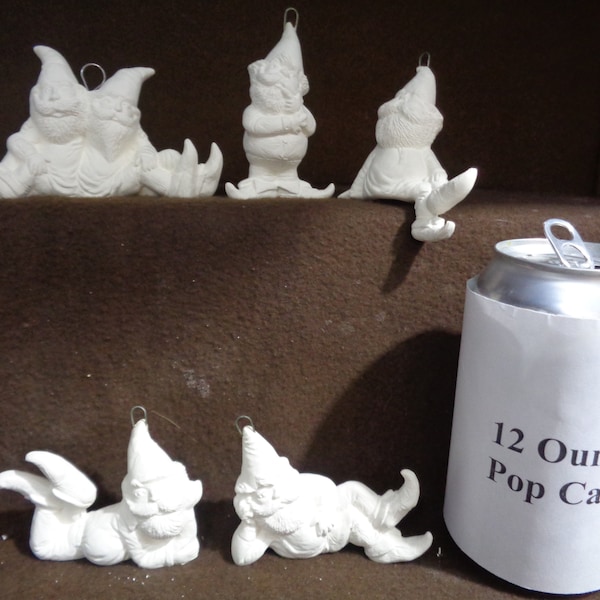 Ceramic Bisque Ornaments - 5 Gnomes - Approximately 3" tall or wide- Ready to Paint - D388