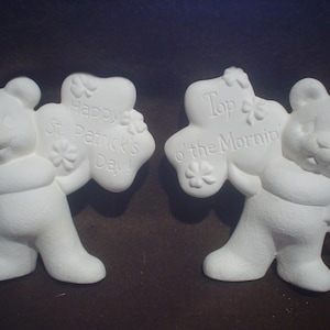2 Ceramic Bisque 4.5&quot; Irish Bears Holding Shamrocks Clover -St. Patricks-Ready to Paint - C637