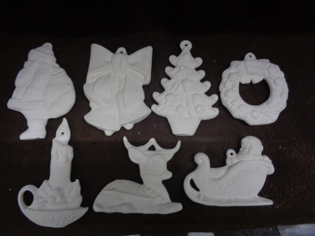 7 Ceramic Bisque Ornaments Alberta Christmas Themed Santa, Bell