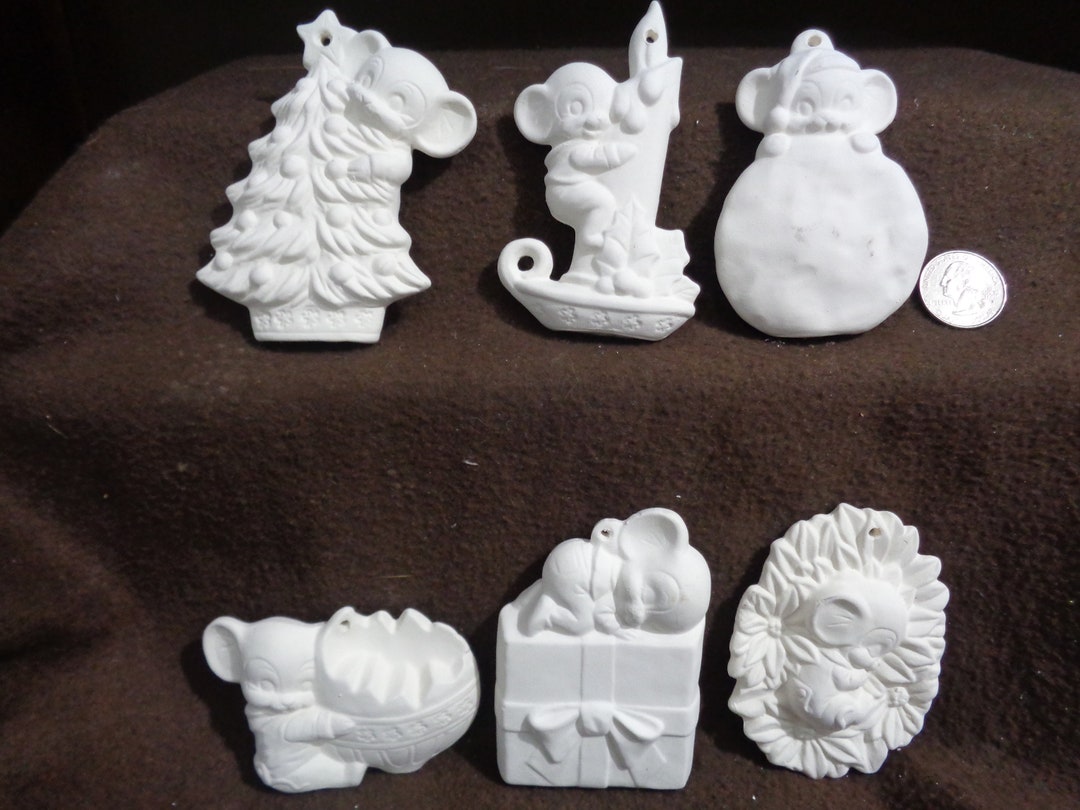 6 Ceramic Bisque Ornaments Alberta Mice Tree, Candle, Snowball