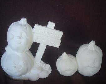 4 Ceramic Bisque 'Pumpkins for Sale' Jack-o-Lanterns - Ready to Paint-E619