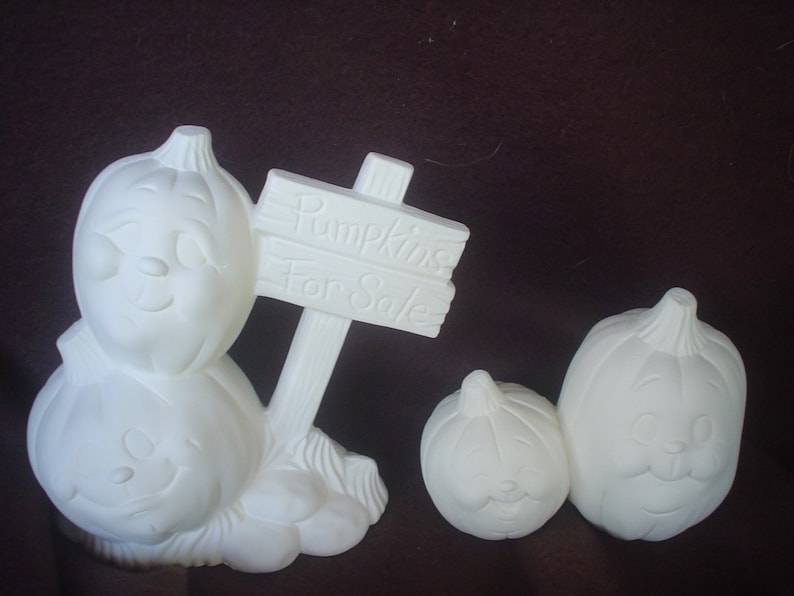 4 Ceramic Bisque 'Pumpkins for Sale' Jack-o-Lanterns Ready to Paint-E619 image 1