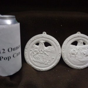 2 Ceramic Bisque Christmas Ornaments: Nativity & Wisemen Scenes - 3 3/4" in Diameter - Flat Back - Ready to Paint - F225