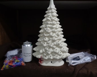 15" Ceramic Bisque Slender 4" Deep SCIOTO Window Sill Christmas Tree w/fixture, Lights, Star Kit- May Ship Fedex - UNPAINTED -U Paint - E755