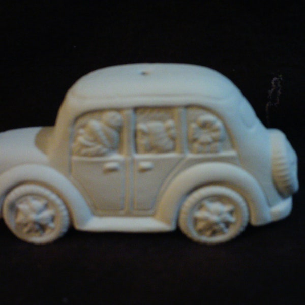 Ceramic Bisque Ornament: 1.5" X 3.5" Christmas Car - Santa & Mrs. Claus -Ready to Paint - D359