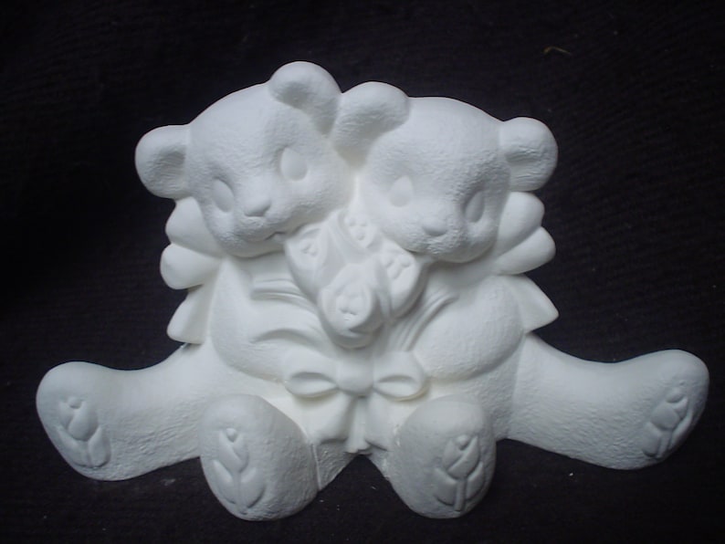 C518 Ceramic Bisque 3 12 x 5 12 Cuddle Bears with Flowers Ready to Paint