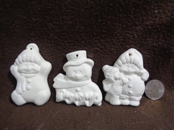 3 Ceramic Bisque Christmas Ornaments: 2.5 Snowmen Flat on Back Ready to  Paint F202 