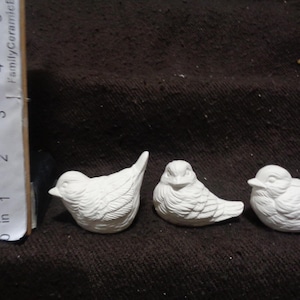 May include: Three small, unpainted ceramic bird figurines. The birds are in different poses, with one standing, one sitting, and one curled up. A ruler is placed next to the birds, showing a height of approximately 1 inch.