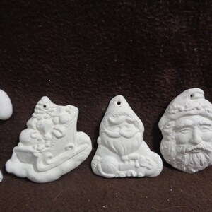 4 Ceramic Bisque Christmas Ornaments: Santa Themed - Flat Back - Ready to Paint - F210