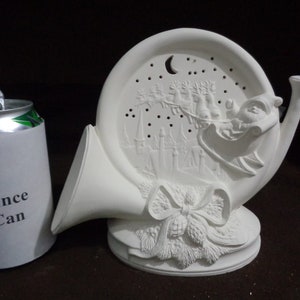 Ceramic Bisque Santa in Sleigh Scene 7 1/2 Inch Horn Framed Nightlight - Bisque Only - Unpainted Ready to Paint -E528