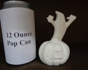 Ceramic Bisque 4.25" Ghost on Jack-O-Lantern Pumpkin - Ready to Paint - E532