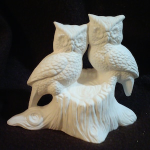 4&quot; Ceramic Bisque 2 Owls on Stump - Ready to Paint - C694