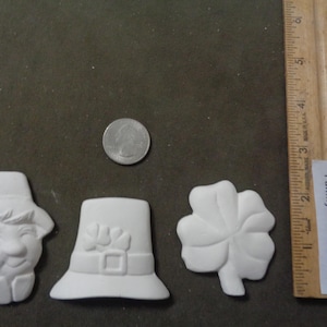3 Ceramic Bisque 2&quot; - 2.5&quot; Tall Irish Saint Patrick&#39;s Day Magnets - Flat Back - Metal Magnets are NOT included- Ready to Paint -E822