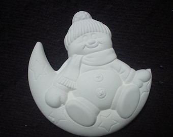 Ceramic Bisque Ornament: 4" Tall Snowman on Moon -Ready to Paint - D291