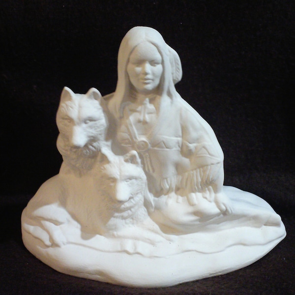 Ceramic Bisque Indian Native American Woman with 2 Wolves - Ready to Paint - E685