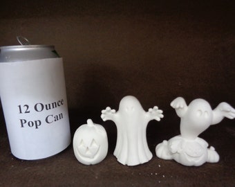 3 Ceramic Bisque 1.5" - 2.5" Small ghosts & Jack-o-lantern- Ready to Paint - E753