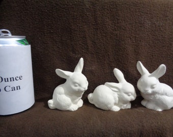 3 Ceramic Bisque 3.5" Realistic Bunnies, Rabbits- Unpainted Ready to Paint - C048