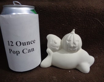 Ceramic Bisque Halloween Laying Ghost w/Pumpkin Figurine-Ready to Paint - E651