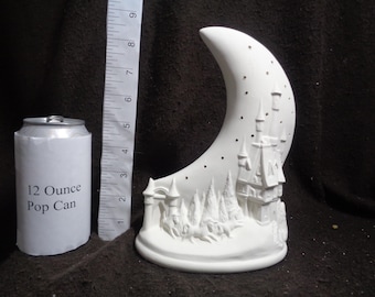 Ceramic Bisque Castle, Unicorn Scene 8 3/4" Moon Nightlight - Bisque Only - Unpainted Ready to Paint - E526