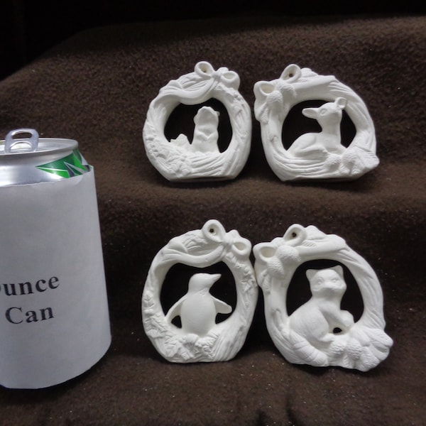 4 Ceramic Bisque Ornaments: Mouse, Deer, Penguin, Raccoon in Wreath- Ready to Paint - D554