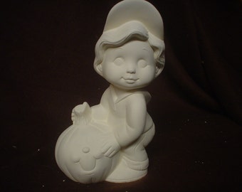Ceramic Bisque 7" Sweet Tot Boy with Pumpkin.- Ready to Paint - E634