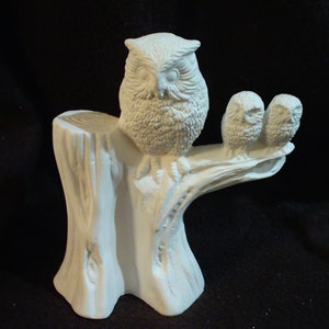 Ceramic Bisque 3 Owls on Limb/Tree Stump - 5&quot; tall - Ready to Paint - C695