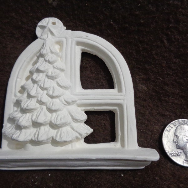 Ceramic Bisque Ornament: Tree by Window -Flat- Ready to Paint- F184