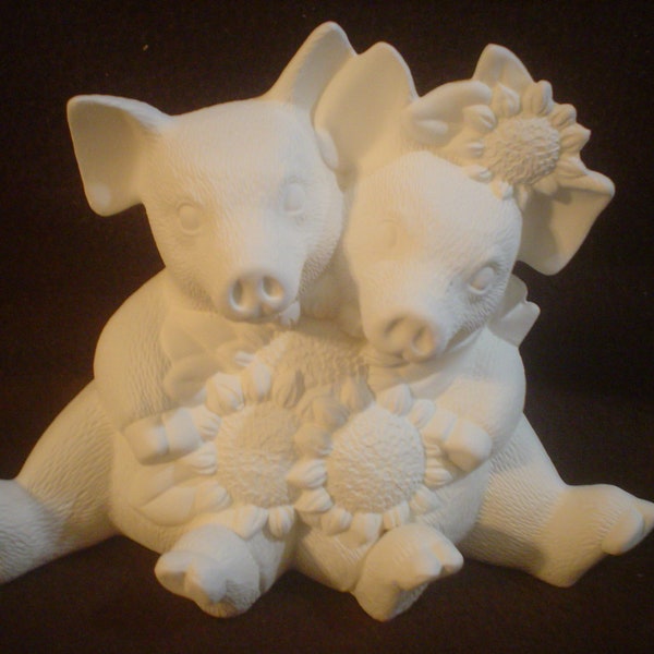 Ceramic Bisque 5.5" X 6.5" Cuddle pigs with sunflowers - Ready to Paint - C678