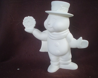May include: White ceramic snowman figurine holding a round, textured ornament. The snowman is wearing a top hat with holly and a scarf.