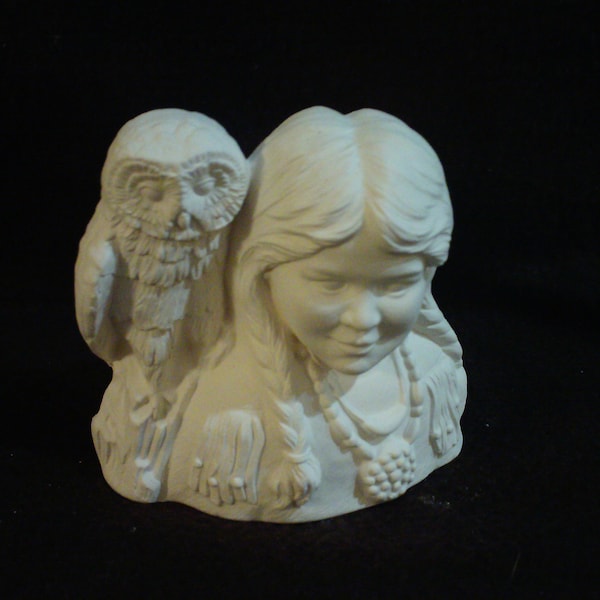Ceramic Bisque 3.5" Indian Woman Girl Bust with Owl- Ready to Paint - E681