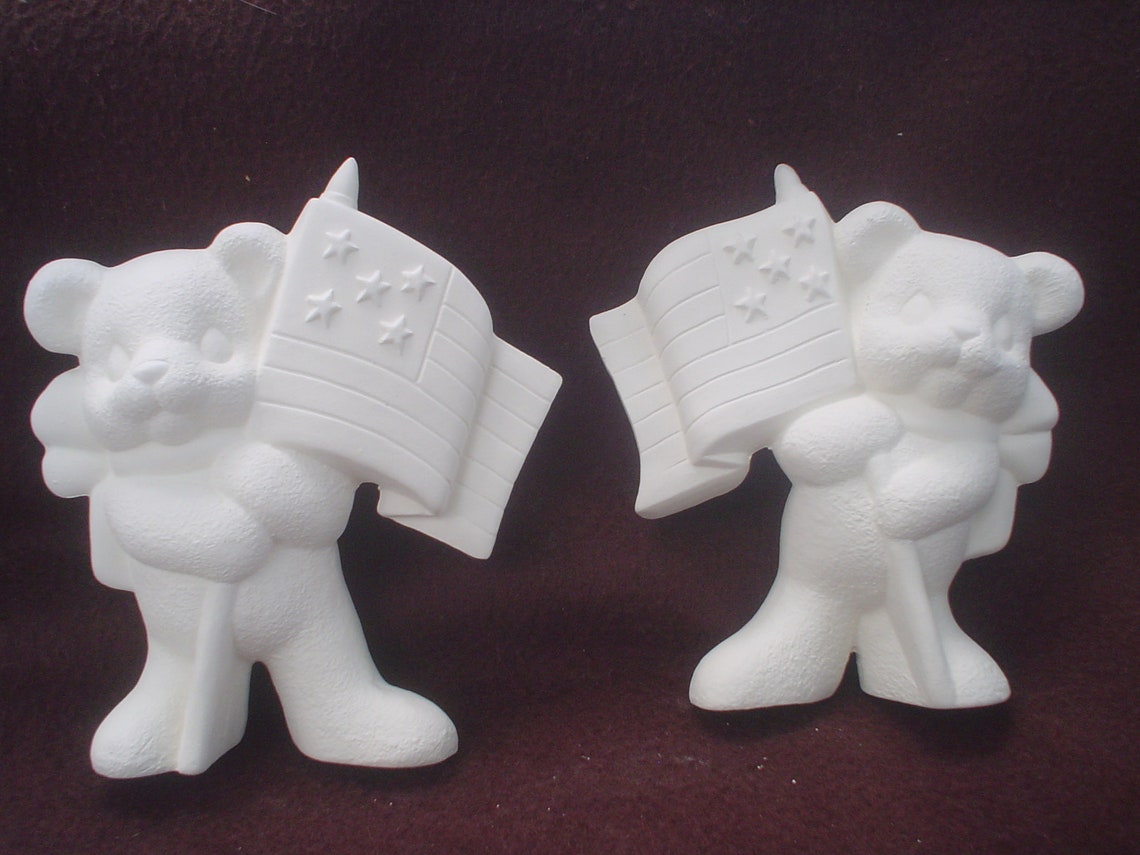 2 Ceramic Bisque 4.5 Bears Holding American Flags Etsy
