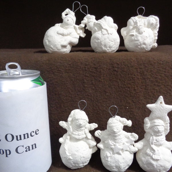 Ceramic Bisque Ornaments: 6 Snowmen on Snowballs - 2" - 4" - Ready To Paint - D530