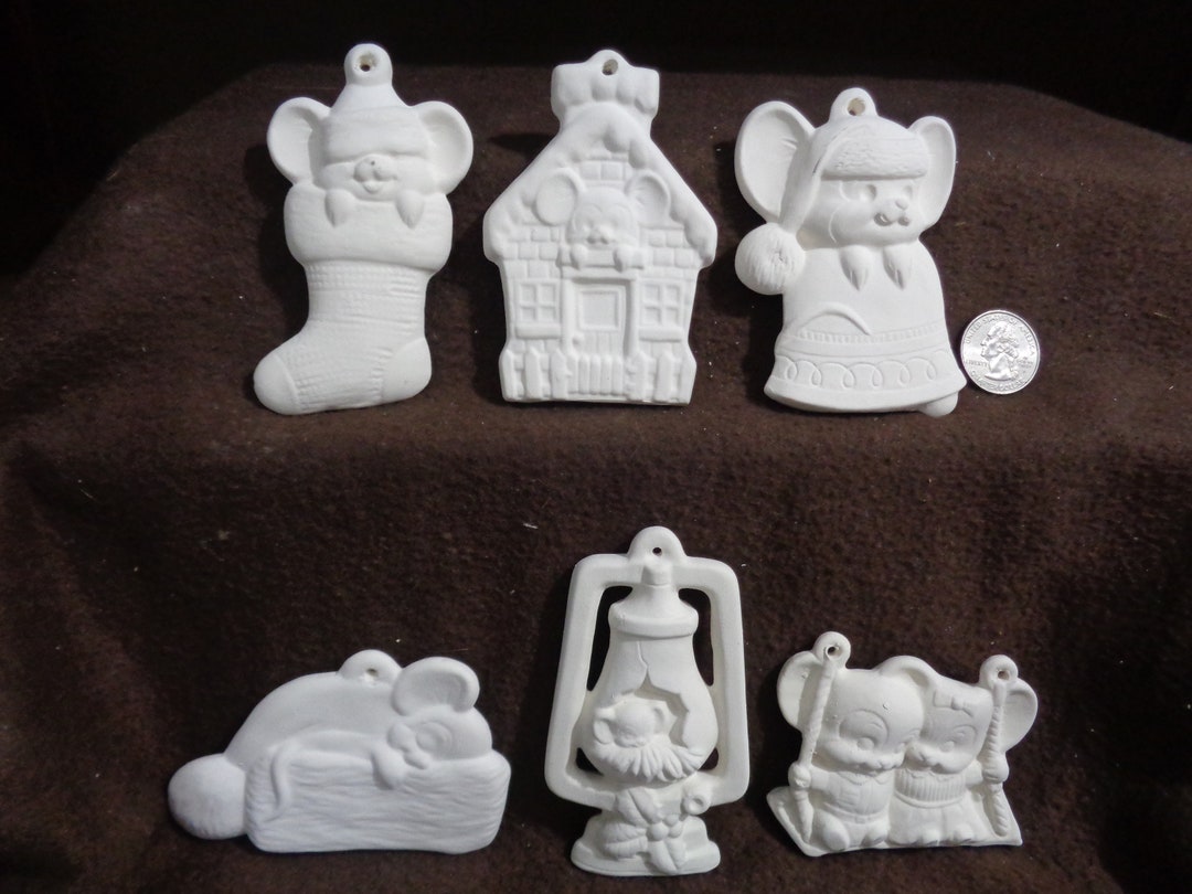 6 Ceramic Bisque Ornaments Alberta Mice stocking, House, Bell, Hat