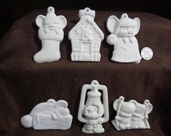 6 Ceramic Bisque Ornaments: Alberta Mice -Stocking, House, Bell, Hat, Lantern, Swing - Ready to Paint - D570