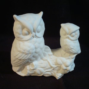 Ceramic Bisque 2 Owls on Stump with Flowers Figurine - 4.5&quot; Tall - C249