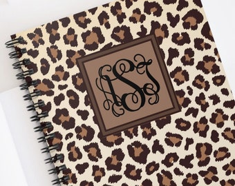 Diario de cuaderno de leopardo en espiral monograma y personalizado - Línea reglada - Cuaderno de monograma - Cuaderno de leopardo - Diario de leopardo