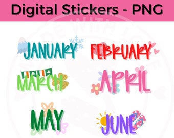 Op de afbeelding: Twaalf kleurrijke digitale stickers met de maanden van het jaar, van januari tot en met juni. Elke sticker heeft een uniek ontwerp met illustraties zoals een sneeuwvlok, een hart, een klavertjevier, een bloem, een strik en een zon.