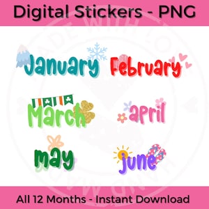 Themed Monthly Stickers - Twelve Months of the Year - Digital Download - Digital Planner Stickers PNG - BONUS Flags and Days of the Week