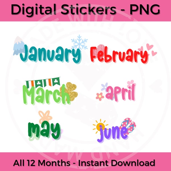 Themed Monthly Stickers - Twelve Months of the Year - Digital Download - Digital PNGs - Planner Stickers - BONUS Flags and Days of the Week
