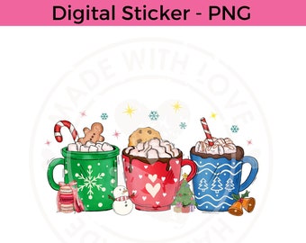 Tazas de cacao caliente de Navidad Pegatina digital - Cacao caliente PNG - Descarga digital - Archivos PNG - PNG digital - Pegatinas del planificador - Descarga instantánea