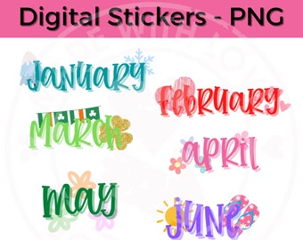 Themed Monthly Stickers - Twelve Months of the Year - Digital Download - PNG files - Digital PNG - Planner Stickers - Bonus-Days of the Week