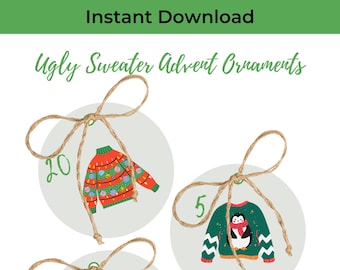 Advent Christmas Ornaments - Ugly Christmas Sweater Advent Calendar Tags, Ugly Sweater Gift Tags, Advent Tags - INSTANT DOWNLOAD