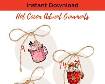 Advent Christmas Ornaments - Hot Cocoa Advent Calendar, Hot Cocoa Christmas Gift Tags, Christmas Mug Tags, Advent Tags - INSTANT DOWNLOAD