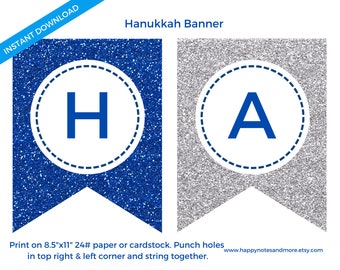 Happy Hanukkah Printable Banner -  Instant Happy Hanukkah Hanging Flag Banner - INSTANT DOWNLOAD