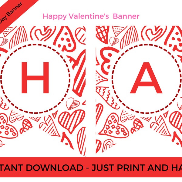 Happy Valentine's Day Printable Banner -  Instant Happy Valentine's Day Hanging Flag Banner - Red Heart Banner - INSTANT DOWNLOAD