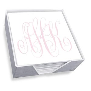 Henley Watercolor Monogram Memo Square - White with white linen holder from EMBOSSED GRAPHICS
