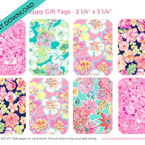 Puede incluir: Etiquetas de regalo imprimibles con ocho patrones florales diferentes. Las etiquetas miden 5,7 cm por 8,3 cm y están diseñadas para imprimirse en papel de 21,6 cm por 27,9 cm. El texto "Print on 8.5"x11" 24# paper or card stock. Punch hole in top and add string. www.happynotesandmore.etsy.com" se incluye en la parte inferior de la imagen.